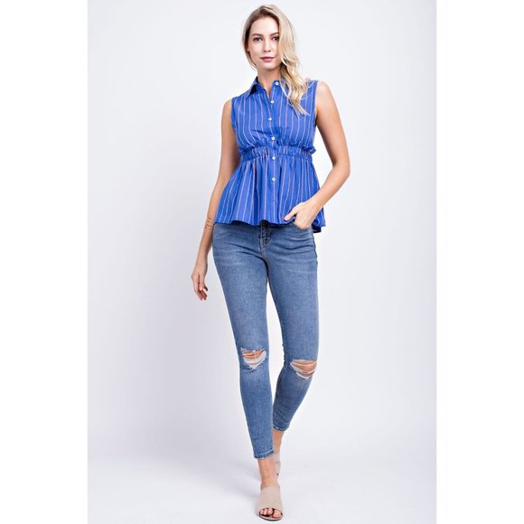 Boutique Tops - Sleeveless Button Front Collared Casual Striped Peplum Blouse Top